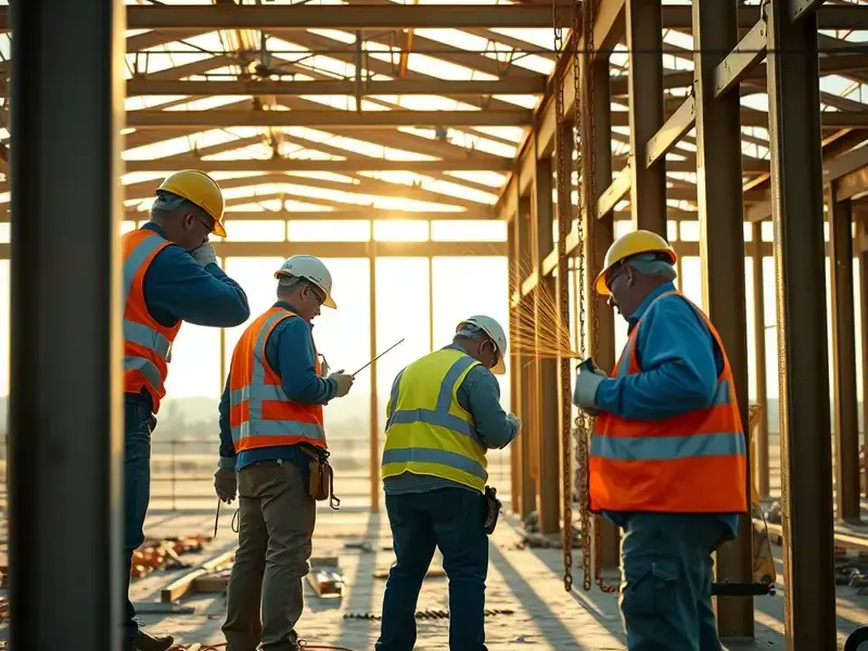 Professional construction team working on steel building frame