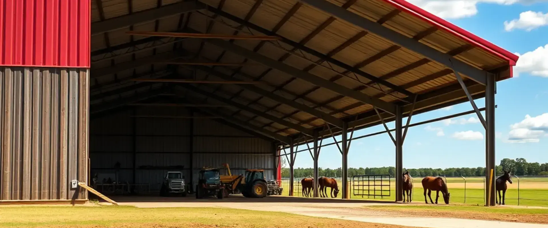 Modern steel barn with farm equipment storage