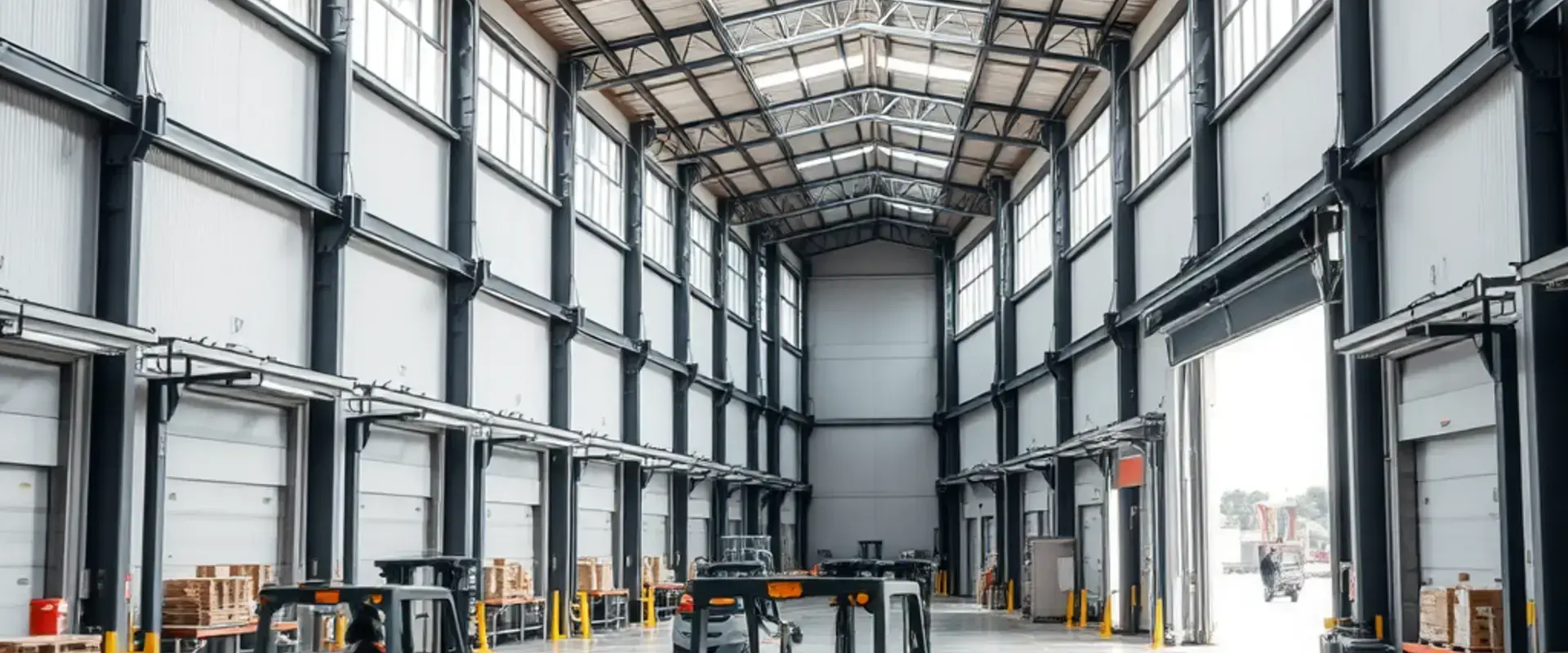 Interior of modern steel warehouse with loading docks