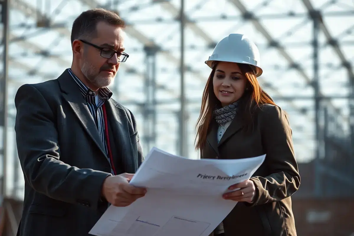 Project manager reviewing blueprints with client at construction site