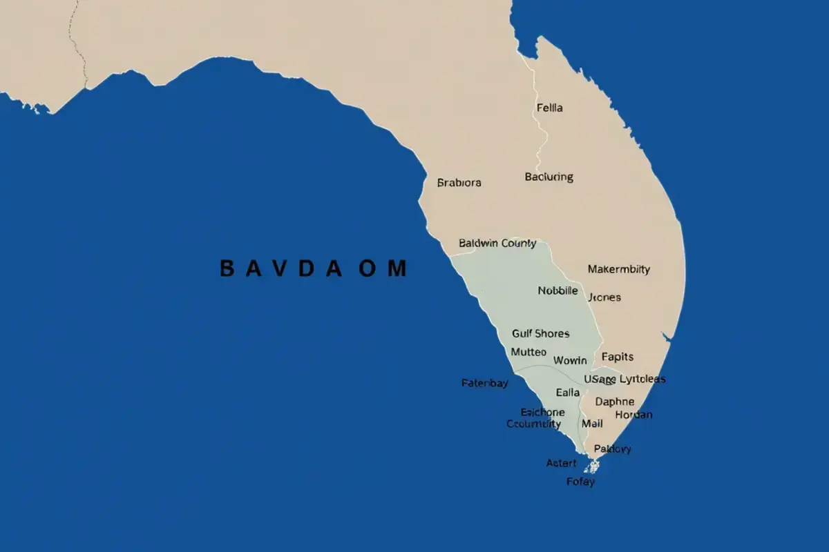 Service area map showing Baldwin County and surrounding areas served by Coastal Steel Buildings
