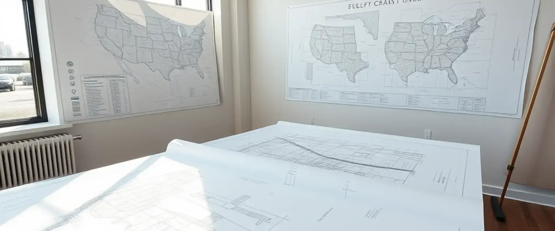 Architectural blueprints and Gulf Coast maps on drafting table